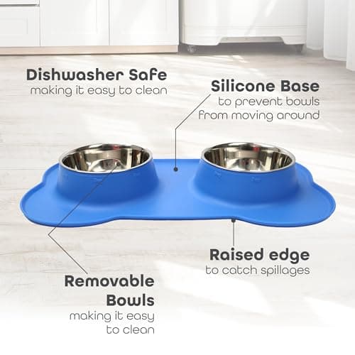 DIVCHI Dog Bowls, Stainless Steel Double Bowl Set for Cats & Dogs, Non-Slip Silicone Mat, Food & Water Feeding Bowls for Puppies, Small Medium Dogs & Kittens (Blue, L) — view 4