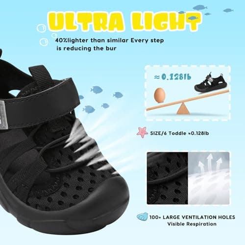 JOINFREE Toddler Sandals Boys Girls Water Shoes Non-Slip Breathable Quick Dry Swim Shoes, Lightweight Flexible Kids Beach Sandals for Pool, Summer Outdoor & Daily Wear Black, 7 Child — view 2
