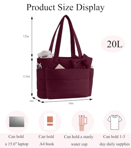 CTWWFS Puffer Tote Bag for Women, Quilted Bow Tote Bag with Cup Holder & 15.6 In Laptop Compartment for Work, Travel, Gym, College (Burgundy) — view 3