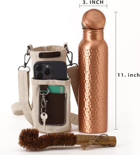 AVA DESIGNZ Hand Hammered Pure Copper Water Bottle 950 ml – Ayurvedic Leakproof Metal Sports & Gym Water Bottle | BPA Free Large Water Bottle for Yoga Travel and Office Canvas Bag & Brush Lab Tested — view 6
