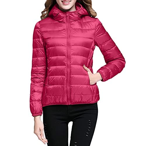 Womens Winter Lightweight Puffer Jacket with Hood Warm Short Packable Women Quilted Jacket Transitional Padded Down Jacket for Ladies Lined for Hiking Travel Plus Size Thin Jacket Down Hot Pink — view 2