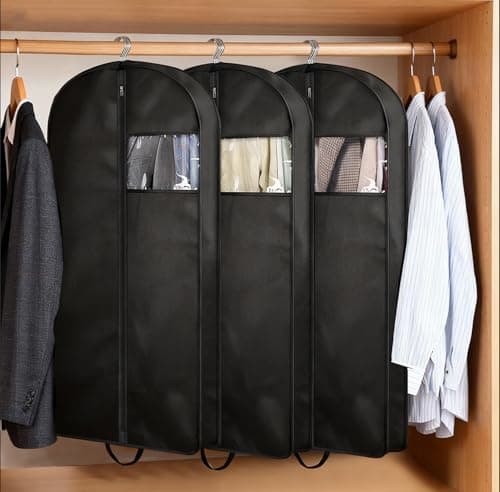MISSLO 3 Packs Hanging Garment Bags for Clothes, 109CM Suit Bag Carriers for Women Men Suit Covers with Handle for Dresses, Coats Storage and Travel, Black — view 6