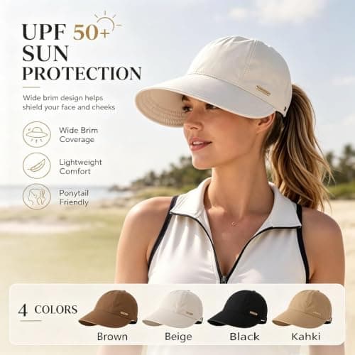 Trendy Wide Brim Sun Hat,UPF 50+ UV Protection Cap for Ponytails, Adjustable Packable Visor Cap for Hiking Golf (Beige) — view 2