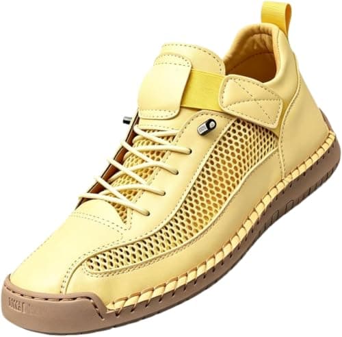 Women's Hiking Shoes Lightweight Breathable Mesh Trail Trainers with Leather Trim Wide Toe Box Slip On Low Top Walking Footwear for Summer Travel Trekking Work Outdoor Day Hikes (Yellow,9)