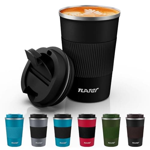 Tlater Coffee to go Mug, 380 ml, with Leak-Proof lid, Double-Walled, Stainless Steel, for Coffee and Tea (Black)
