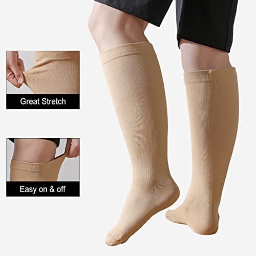 Plus Size Compression Sock For Women: Men Graduated Wide Calf Compression Stockings for Support Flight Travel Running Pregnancy Sports Edema Nurses Seniors Athletic Socks 20-30 mmHg Beige 5XL 1Pairs — view 4