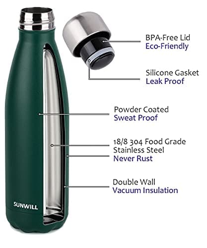 SUNWILL Metal Water Bottle Stainless Steel 500ml, Insulated Reusable Thermal Flask for Cold and Hot Drink, Travel, Sports, Gym, Powder Coated Green — view 2