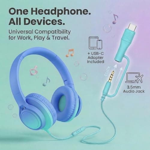 Zollexa Kids Wired Headphones, 85/94dB, Mic, USB-C Adapter, Sky Blue — view 2