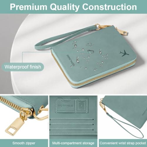 AOOSU Travel Wallet, Family Passport Holder, RFID Blocking Travel Accessories Document Organiser, Travels Document Holder for Tickets Waterproof Cover Holiday Essentials Case for Man Woman Light Blue — view 3