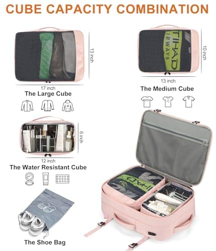 Lumesner Carry on Backpack, Extra Large 40L Flight Approved Travel Backpack for Men & Women,Expandable Large Suitcase Backpacks With 4 Packing Cubes (Pink (Bag With 3 Packing Cubes), Extra Large) — view 4