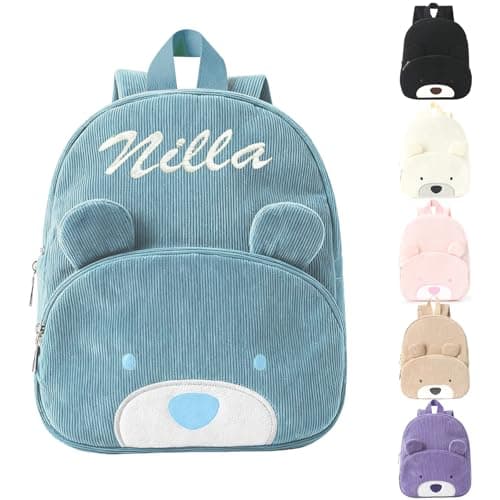 Personalised toddler backpack Corduroy Teddy Bear Backpack for Toddlers | Embroidered Name Kids Nursery Bag for Boys Girls Preschool Travel (Blue)