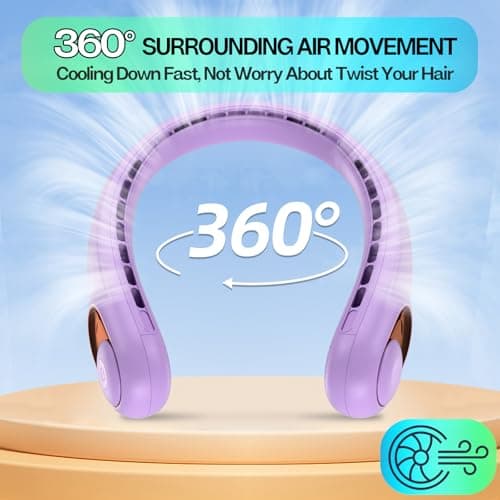 Neck Fan, Portable Bladeless Neck Fans with LED Display, 360° Airflow, 4000mAh Rechargeable Battery, Super Quiet Hands-Free Personal Wearable Fan for Indoor Outdoor, Pastel Purple — view 4