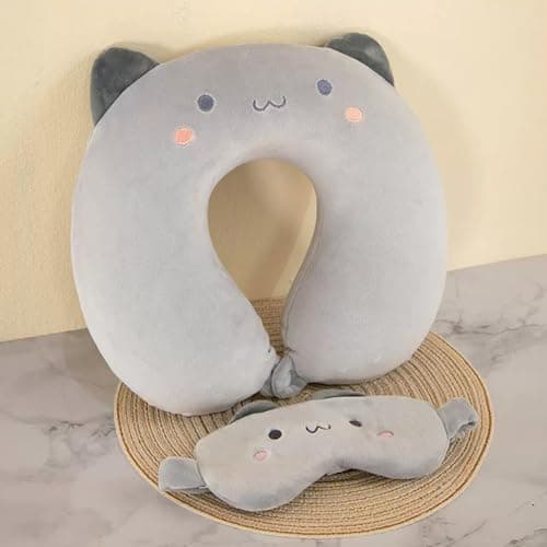 Travel Pillow Kids Travel Pillow with Sleep Eye Mask Cute Neck Pillow for Travel Soft Memory Foam Travel Neck Pillow for Adults and Kids Airplane Sleeping Travel and Camping (grey cat) — view 5