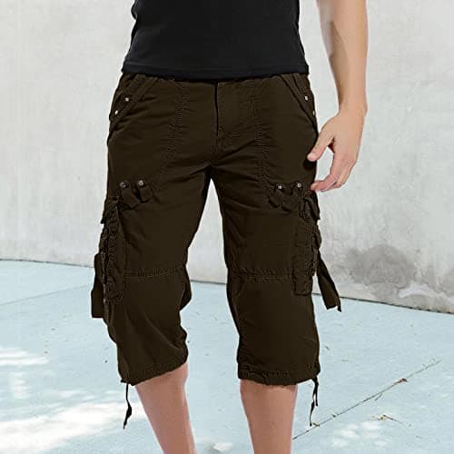 IQYU Waterproof and windproof sports trousers, plain, multi pocket trouser leg hanging rope, tool, seven-minute shorts, black army trousers, gray, 26 — view 4