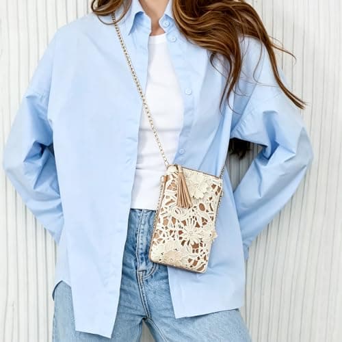BSITSSS Crossbody Bag,Cut-Out Weave Flowers Cross Body Bag Women with Zipper, Leather Brown Mobile Phone Beach Bags with Metal Chain for Ladies Summer Beach Holiday Travel Dating — view 3