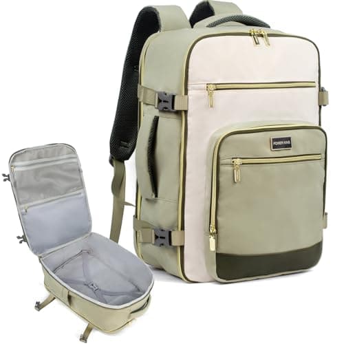 POWER KING Travel Backpack for Womens Mens, Carry on Cabin Size Backpack 30L, Expandable Flight Bag Approved Hand Luggage for Airplanes, Laptop Rucksack 15.6 inch, White & Green