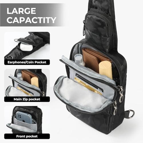 BROADREAM Tactical Sling Bag for Men, Camo Military Backpack Waterproof Crossbody Bag Outdoor Travel, Anti-Theft Cross Body Bag with RFID Blocking for Hiking Camping Hunting (Camouflage Black) — view 5
