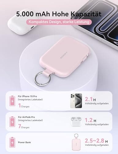 RORRY Portable Charger 5000mAh Power Bank with Built-in 2 Cables -Pink — view 5