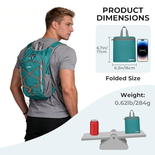 LAIMEIWEE Lightweight Foldable Hiking Backpack - 13L Small Rucksack for Men & Women, Water-repellent Travel Bag, Packable Daypack for Walking, Camping, Sports & Outdoor (Teal) — view 2