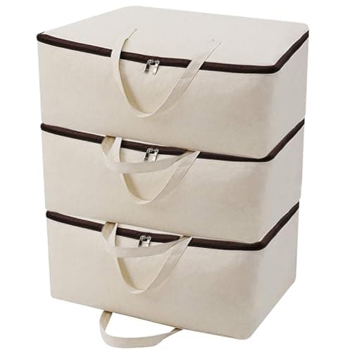 iwill CREATE PRO Pack of 3, Cotton Canvas Storage Soft Bags with Zip Closure & Handles, Good for Blankets, Clothing in Bedroom Wardrobe, Dormitory, Shelves, Beige