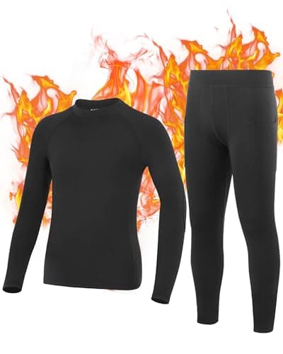 Roadbox Boys Thermal Underwear Set - Kids Fleece Lined Tops & Bottom Compression Soft Long Johns Base Layer for Skiing Black