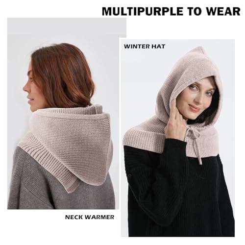 TAGVO 2 in 1 Balaclava Hat With Hooded Scarf, Windproof Slouchy Knitted Balaclava, Winter Soft Pullover Knit Beanie, One Piece Hat and Neck Warmer, Unisex Scarves & Wraps Beige — view 6
