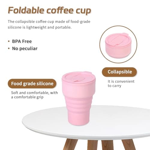 EYQ Collapsible Coffee Cup 375 ml, 12oz Silicone Foldable Coffee Mug, Lightweight Reusable Tea Cup for Hot and Cold Drinks for Office Fitness Gym Outdoor Sports Travel Camping Yoga, Pocket Size (Pink) — view 3