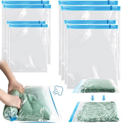 AOOWU Vacuum Storage Bags, 8 Pack (2 S, 2 M, 2 L, 2 XL) Reusable Vacuum Travel Storage Bag, Space Saver Sealer Bags, Saves 75% of Storage Space, Roll-Up Compression, No Need for Vacuum Machine or Pump