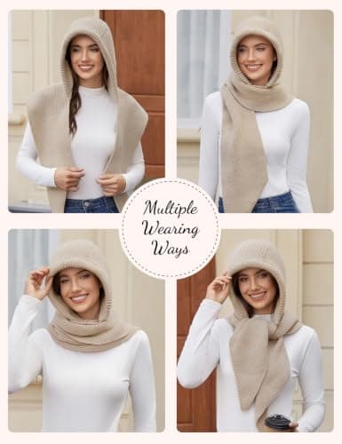 Vijamiy Knitted Hooded Scarf for Women 2-in-1 with Elastic Fit, Khaki — view 3