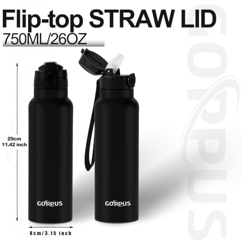 GOPPUS 750ml/26oz Stainless Water Bottle with Straw Double Wall Insulated Bottles with Strap Reusable Vacuum Thermal Flask Leakproof Keep Cold Drinks Bottles with Flip Top Lid BPA Free (Black) — view 2