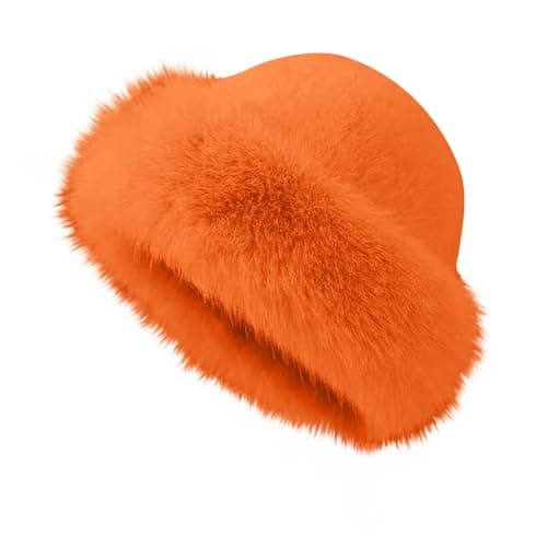 Womens Beanie Hats Winter Furry Faux Fur Caps Ladies Warm Faux Fur Bucket Hat Plush Thermal Slouch Fluffy Fisherman Fuzzy Hats Travel Skiing Hiking Earflap Beanie Hat Orange