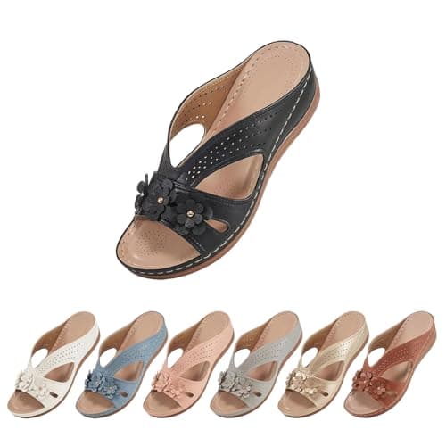 Orthopedic Sandals for Women UK Open Toe Dressy Summer Beach Sandals Wide Fit Walking Sandal Comfy Lightweight Footwear Ladies Backless Slip Ons Vintage Flower Boho Wedge Heel Sliders Sky Blue — view 5