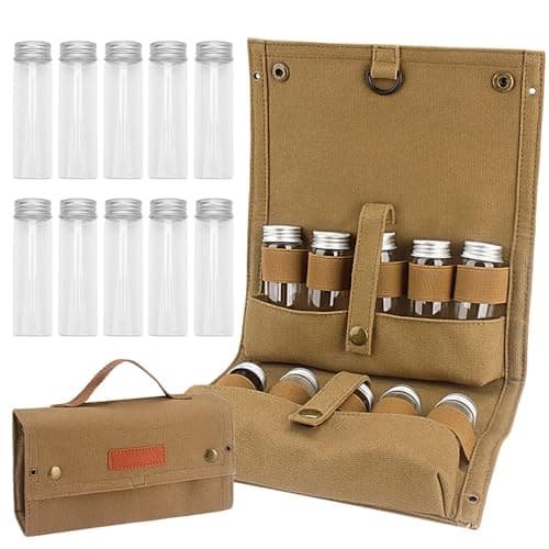 Hapivida Portable Seasoning Bag, Camping Seasoning Kit with 10 Jars Foldable Canvas Seasoning Storage Bag Organizer Condiment Container Set for Travel Outdoor Camping BBQ Picnic (Khaki)