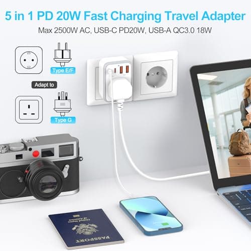 UK to European Travel Plug Adapter Fast Charge PD 20W USB-C QC 3.0 — view 2