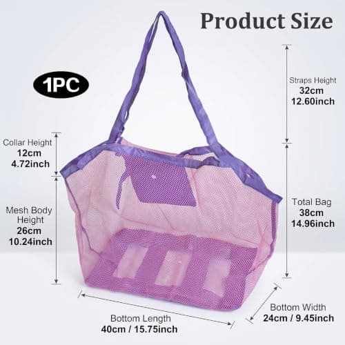 Large Mesh Beach Bag,Beach Toy Bag for Kids,Mesh Beach Bags,Foldable Toys Net Tote Bags Waterproof Lightweight for Sand Storage for Wet Towels Swim Pool Travel Essentials Accessories (40x24x38 cm) — view 2