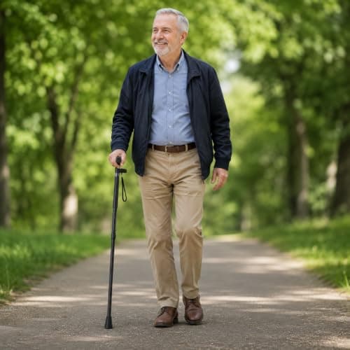 Folding Walking Stick for Men & Women, Adjustable Height Ergonomic T Handle with Wrist Strap, Lightweight Portable Mobility-Aid, Aluminium Walking Cane for Travel, Elderly & Daily Use (BLACK) — view 2