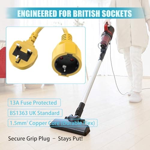 HITRENDS EU to UK Plug Adapter | 25CM Short Cable | With 13A Fused | Converts EU 2-Pin to UK 3-Pin | 250V/13A, 3250W for Power Tools & Appliances, Yellow — view 4