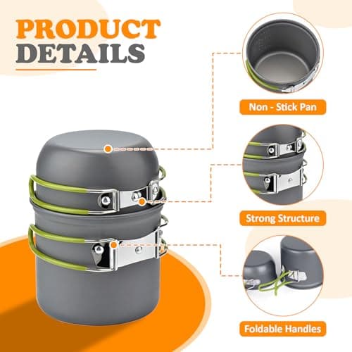 Portable Camping Cookware Set - 2-in-1 Picnic Pot & Pan with Foldable Cutlery | Lightweight Mess Kit for Backpacking, Hiking & Outdoor Cooking (1-2 People, Easy to Clean, Green) — view 3