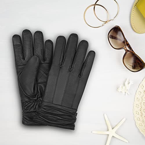 Hand Fellow Genuine Sheepskin Women Leather Gloves, Women Winter Gloves Fleece Lined Touch Screen Driving Gloves (Black, S) (Black, S) — view 3