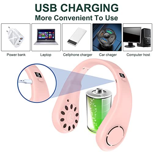 Neck Fan, Portable Neck Fans Rechargeable, 5 Speeds USB Personal Bladeless Fan 3000mAh Battery, Wearable Hands-Free Cooling Fan for Men & Women, Leafless Hanging Mini Fans for Outdoor Travel (Pink+) — view 6