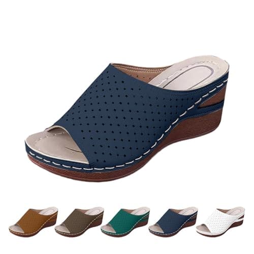 Uwdiohq Women'S Beach Slope Heel Slippers Hollow Casual Bottom Shoes Sandals Travel For Women (Blue, 5) Brown Flip Flops Womens Archers Ladies Pool Black Size 5 Orthopedic 3 Walking Uk Leather — view 3