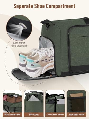 Lekesky Large Foldable Travel Duffe Bag - 80L Waterproof Holdall Luggage Bag with Shoes Compartment, Weekend Overnight Sports Bag for Women and Men(Green, 72 * 33 * 34cm) — view 4