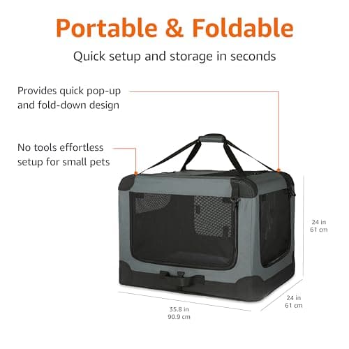 Amazon Basics 4-Doors Portable Soft-Sided Folding Travel Crate Kennel for cat, dog, and other small animals, Grey, L 91 cm x 61 cm x 61 cm — view 4