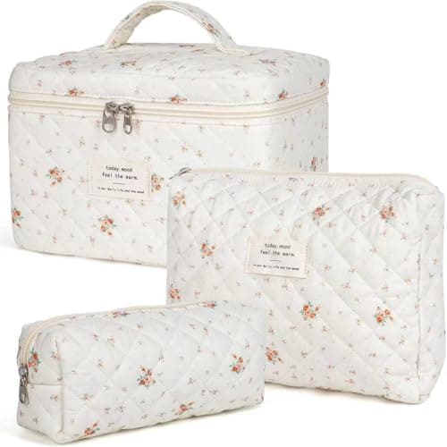 Aucuu 3PCS Coquette Makeup Bag, Quilted Makeup Bag for Women, Floral Cotton Cosmetic Bag Set, Large Capacity Aesthetic Floral Toiletry Bag, Travel Toiletry Bag, Wash Organizer Pouch for Women Girls