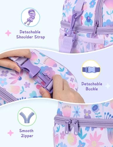 VASCHY Lunch Bag for Girls, Insulated Lunch Box Bag Double Decker Cooler Lunch Tote for Toddlers Kids Women School/Daycare/Picnic Lavender Floral — view 4