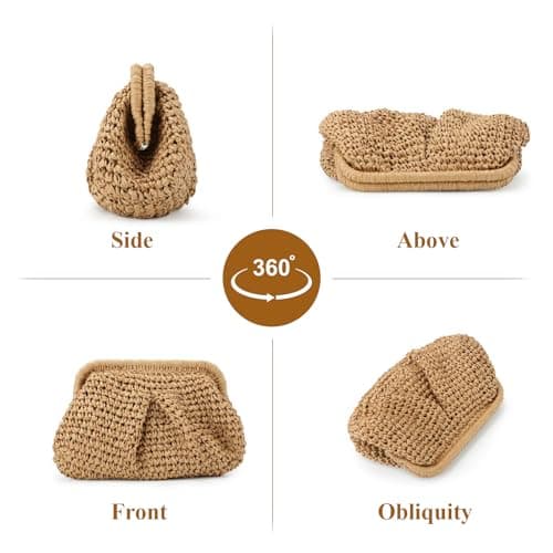 Kighdel Women's Cloud Dumpling Khaki Straw Clutch Purse, 26cm (L) x 20cm (W) x 4cm (H), Hand-Woven Raffia Beach Bag, Unique Design, Breathable Material — view 6