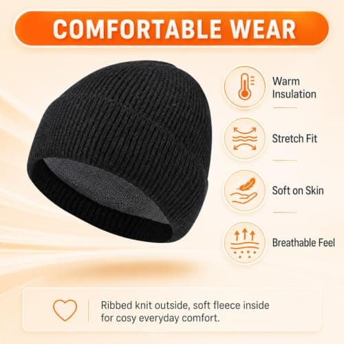 WHJYCC Black Beanie Hat for Men & Women, Fleece Lined Winter Knit, One Size — view 4