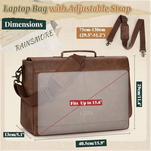 RAINSMORE Laptop Messenger Bag 15.6 Inch, Waterproof Vintage Vegan Leather Briefcase for Men, Large Professional Business Satchel, Work Shoulder Bag for Office University Travel & Computer Brown — view 6