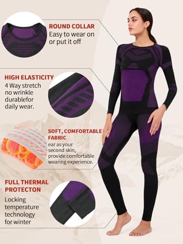 Ewzzeed Thermal Underwear Set Womens，Ski Base Layers Women Set, Quick Dry Thermal Underlayer，Ladies Thermal Clothing & Leggings for Running Skiing Cycling Workout Purple — view 3