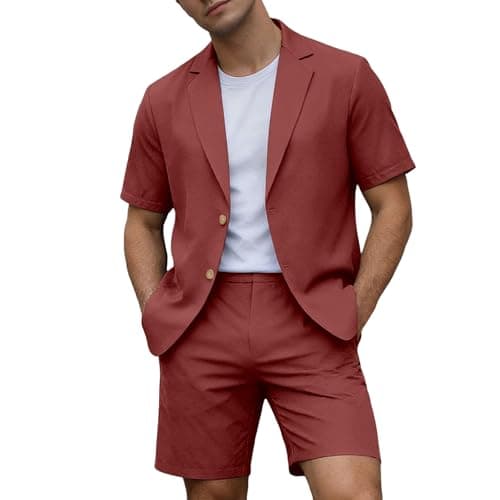 Men's Linen Summer Lightweight Suits Short Summer Shirt Set Figure-Shaping Travel Linen Suit Urban Expedition Oversize Short Sleeve Suit Beach Two Piece Leisure Suit, O Brick Red, M